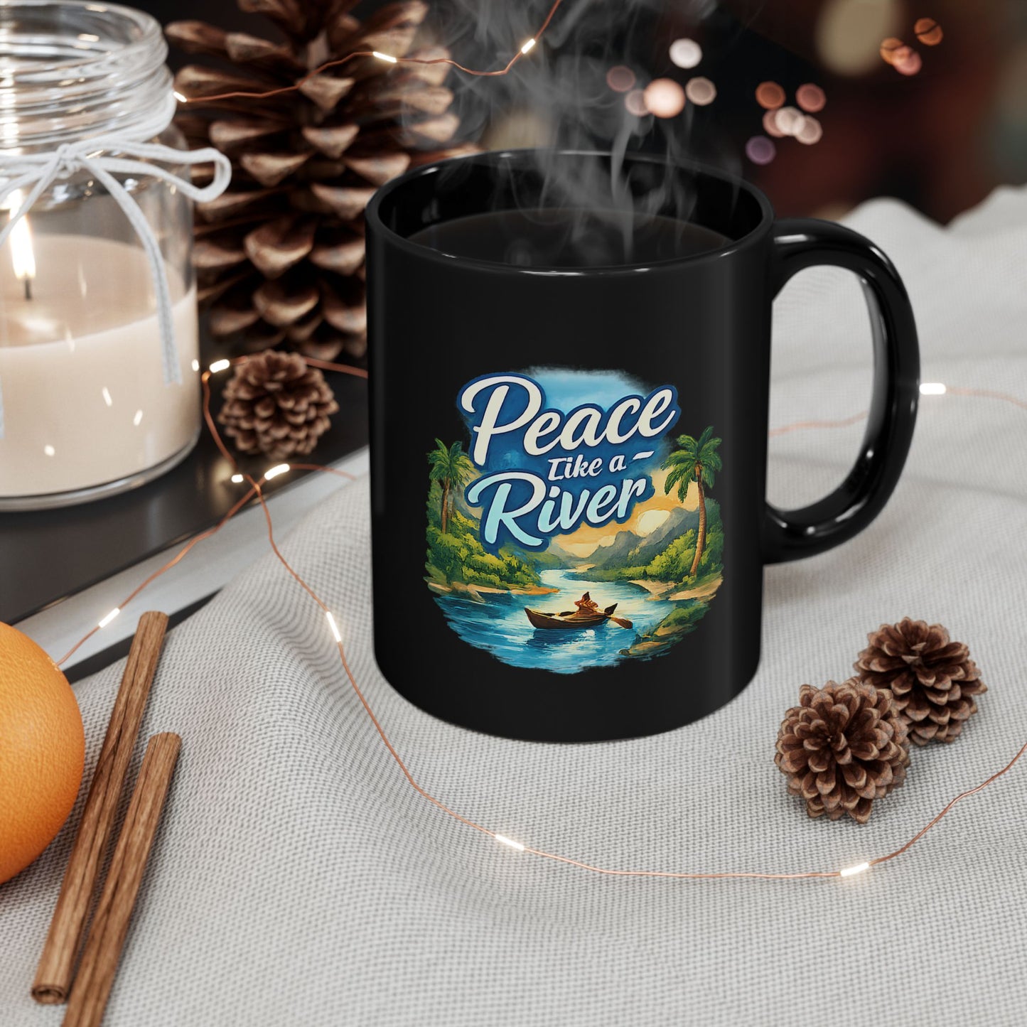 Peace Like a River Black Mug — Scenic River Boat Coffee Cup (11oz & 15oz)