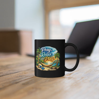 Pray Relax and Play Mug — Tropical Beach Christian Coffee Cup (11oz/15oz)