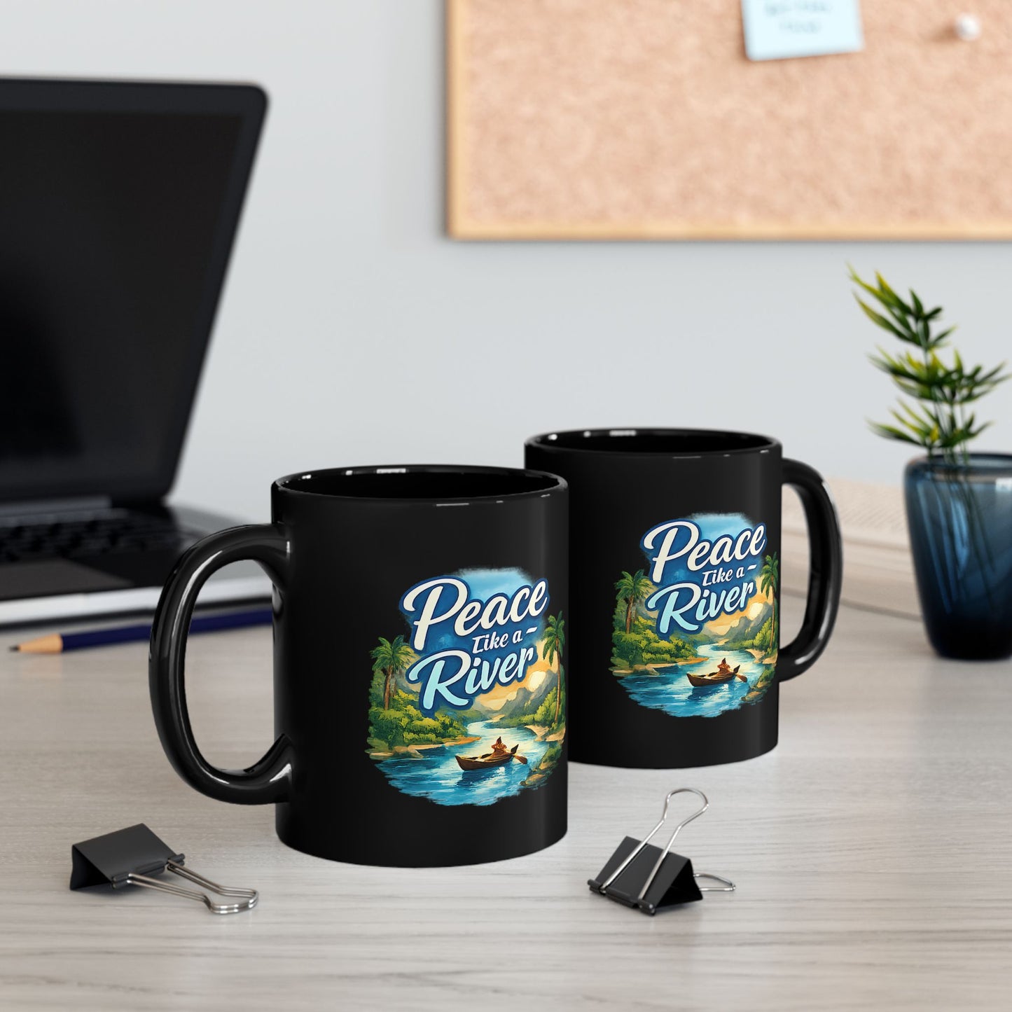 Peace Like a River Black Mug — Scenic River Boat Coffee Cup (11oz & 15oz)