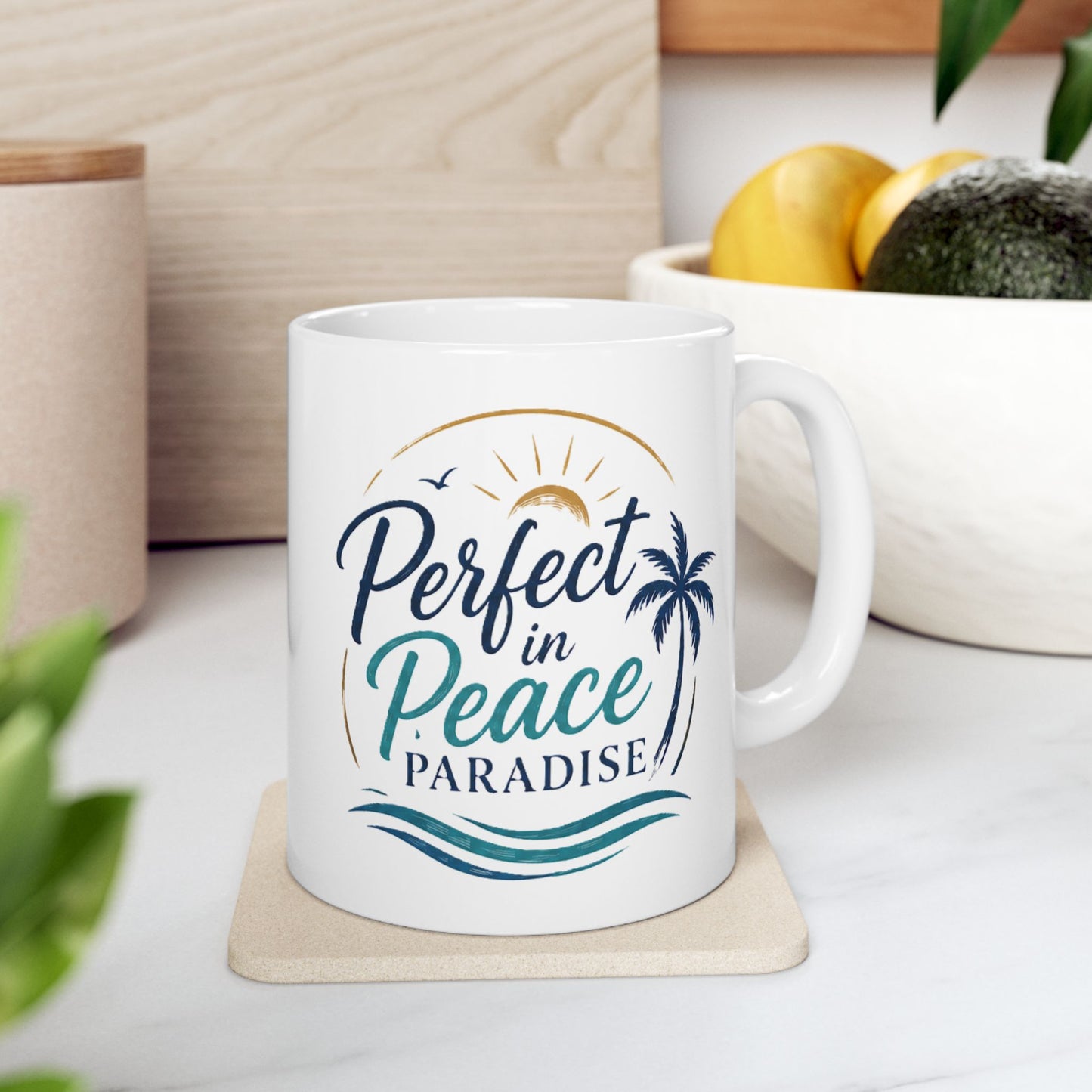 Palm Paradise Ceramic Mug - "Peace, Love, Paradise" Beach Coffee Cup (11oz/15oz)