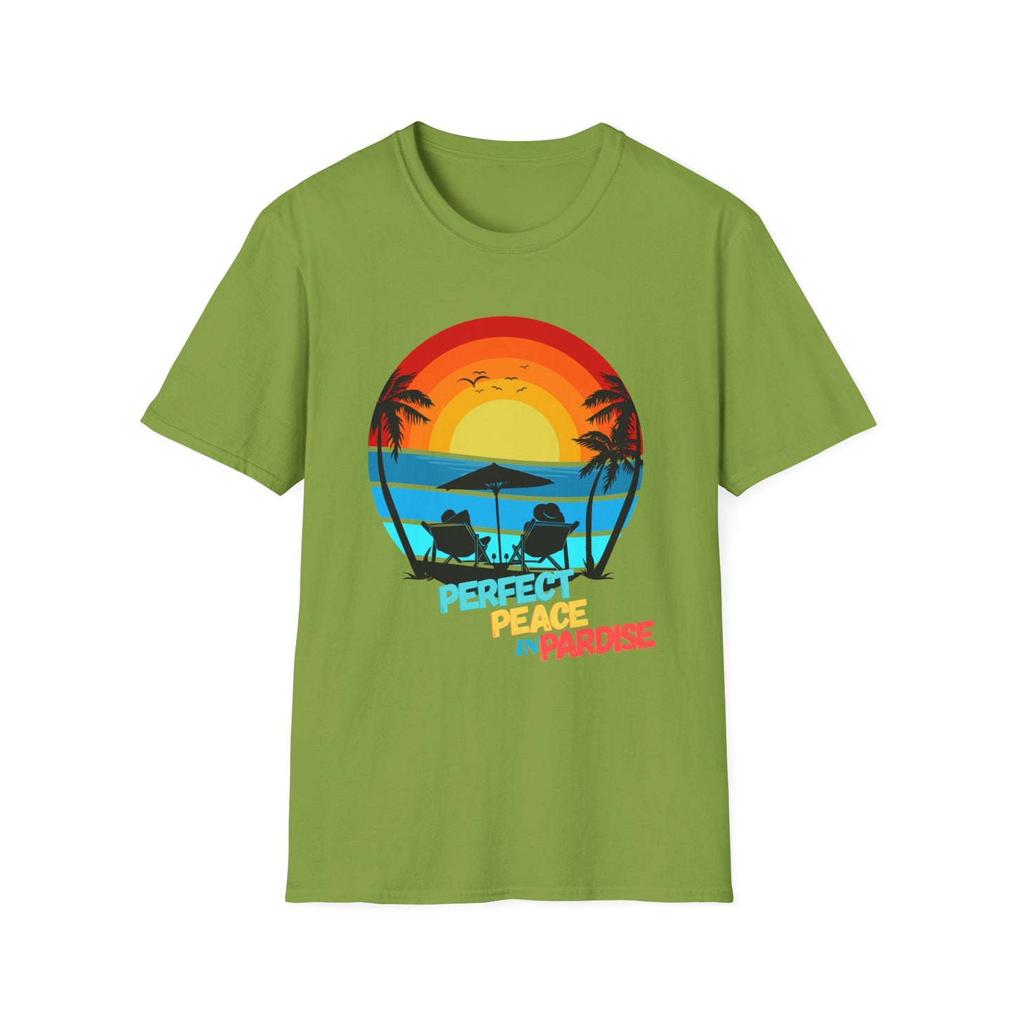 T-Shirt with Tropical Sunset Design, Relaxing Tee, Perfect for Beach Lovers, Great Gift for Vacations, Ideal for Summer Casual Wear