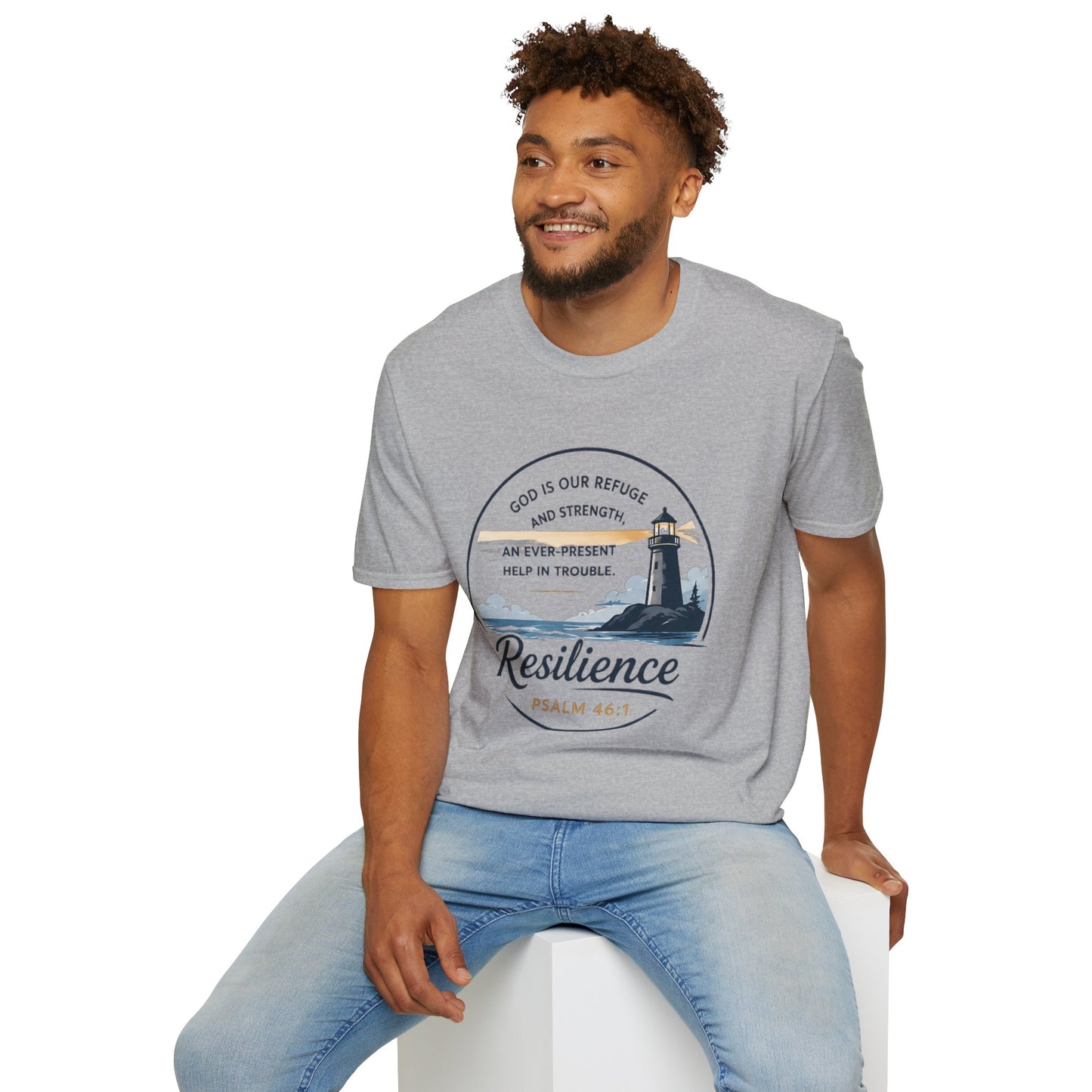 Resilience Lighthouse T-Shirt — Psalm 46:1 Inspirational Christian Tee