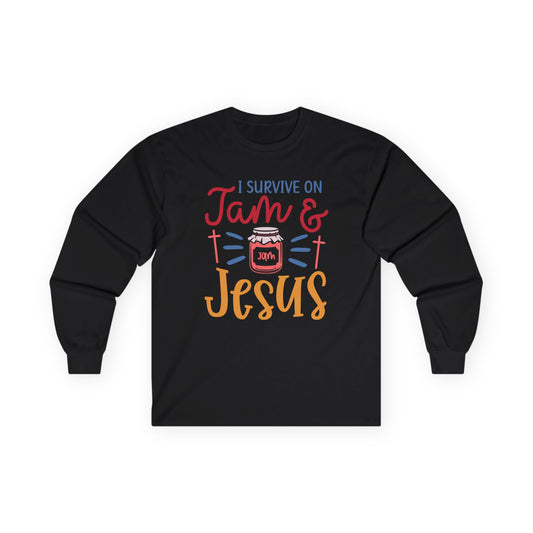 Long Sleeve Tee — "I Survive on Jam & Jesus" Christian Jam Lover Shirt