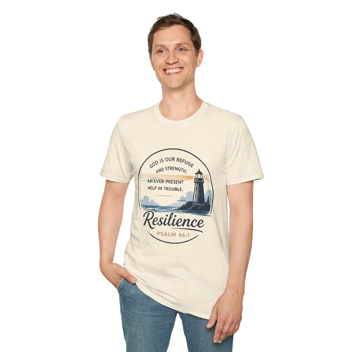 Resilience Lighthouse T-Shirt — Psalm 46:1 Inspirational Christian Tee