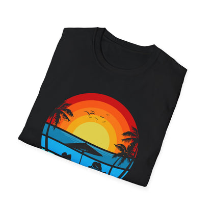 T-Shirt with Tropical Sunset Design, Relaxing Tee, Perfect for Beach Lovers, Great Gift for Vacations, Ideal for Summer Casual Wear