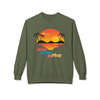 Pray Relax & Play Crewneck Sweatshirt — Retro Tropical Sunset