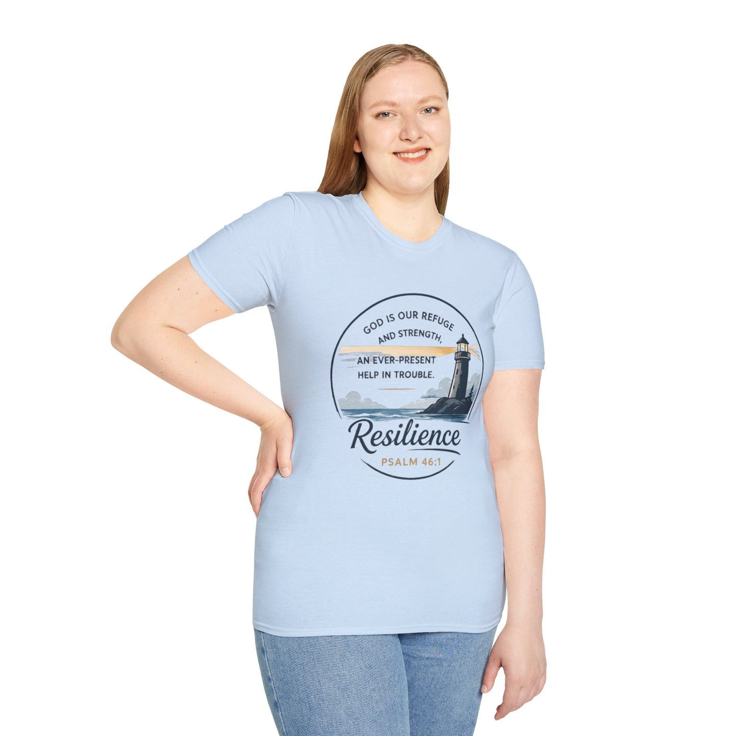 Resilience Lighthouse T-Shirt — Psalm 46:1 Inspirational Christian Tee