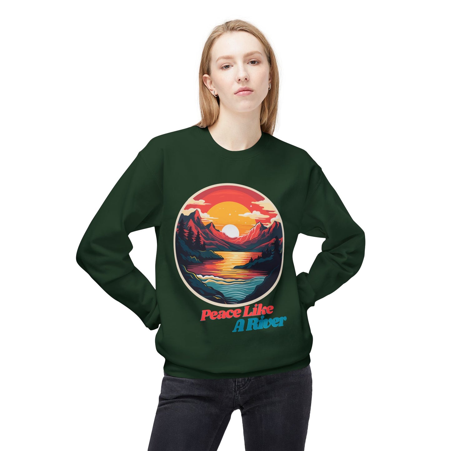 Peace Like a River Crewneck Sweatshirt — Sunset Mountain River Graphic