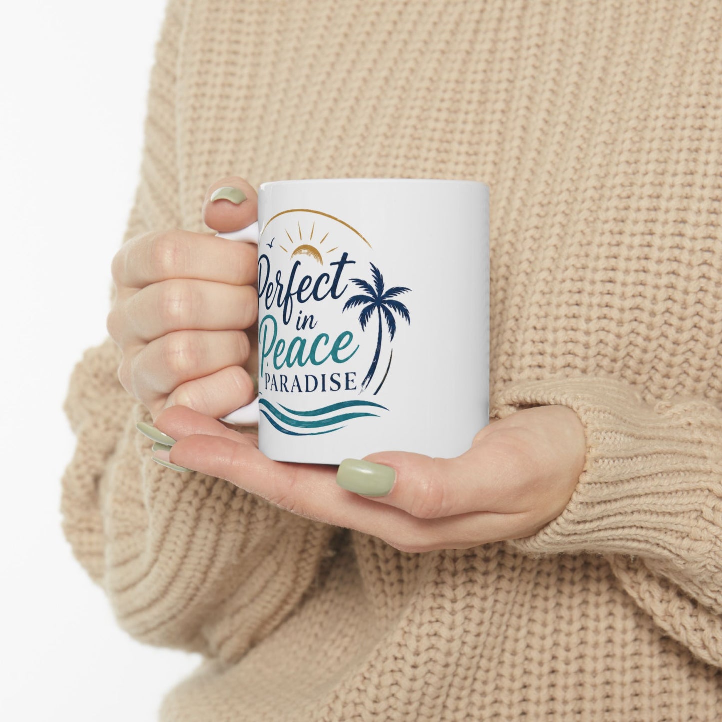 Palm Paradise Ceramic Mug - "Peace, Love, Paradise" Beach Coffee Cup (11oz/15oz)