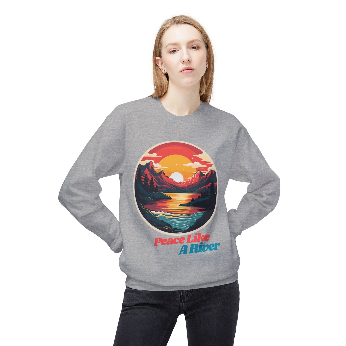 Peace Like a River Crewneck Sweatshirt — Sunset Mountain River Graphic