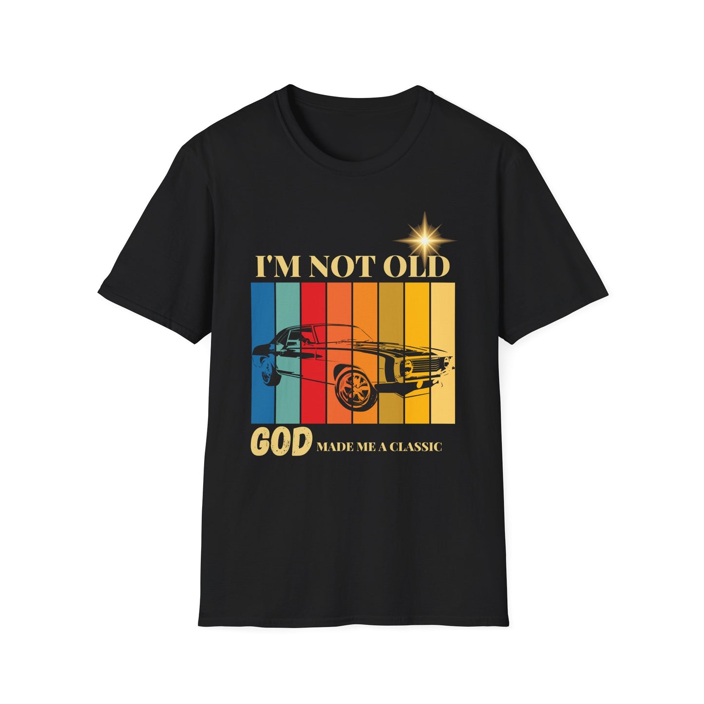Vintage Muscle Car T‑Shirt — "I’m Not Old, God Made Me A Classic" Retro Stripes