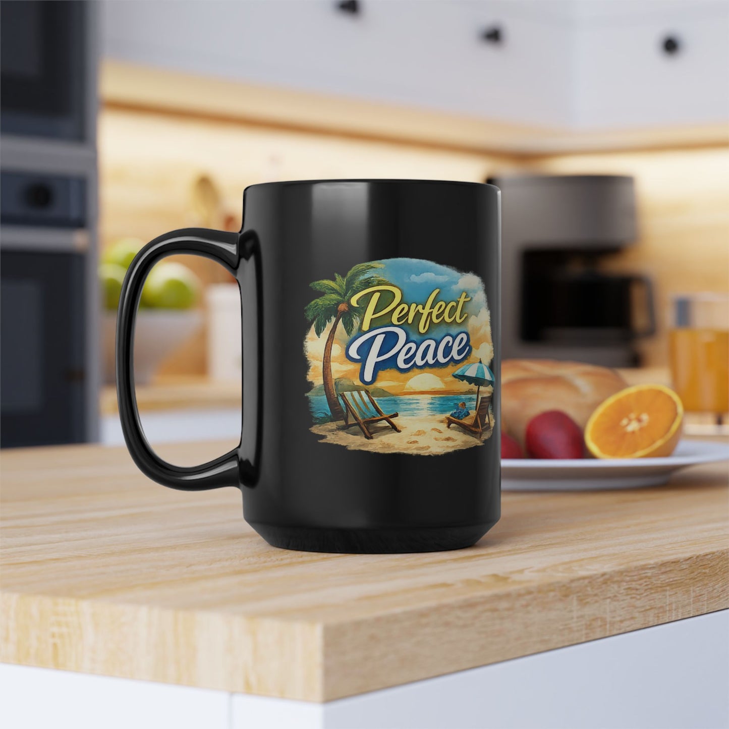 Perfect Peace Beach Mug — Black Ceramic Coffee Cup (11oz/15oz)