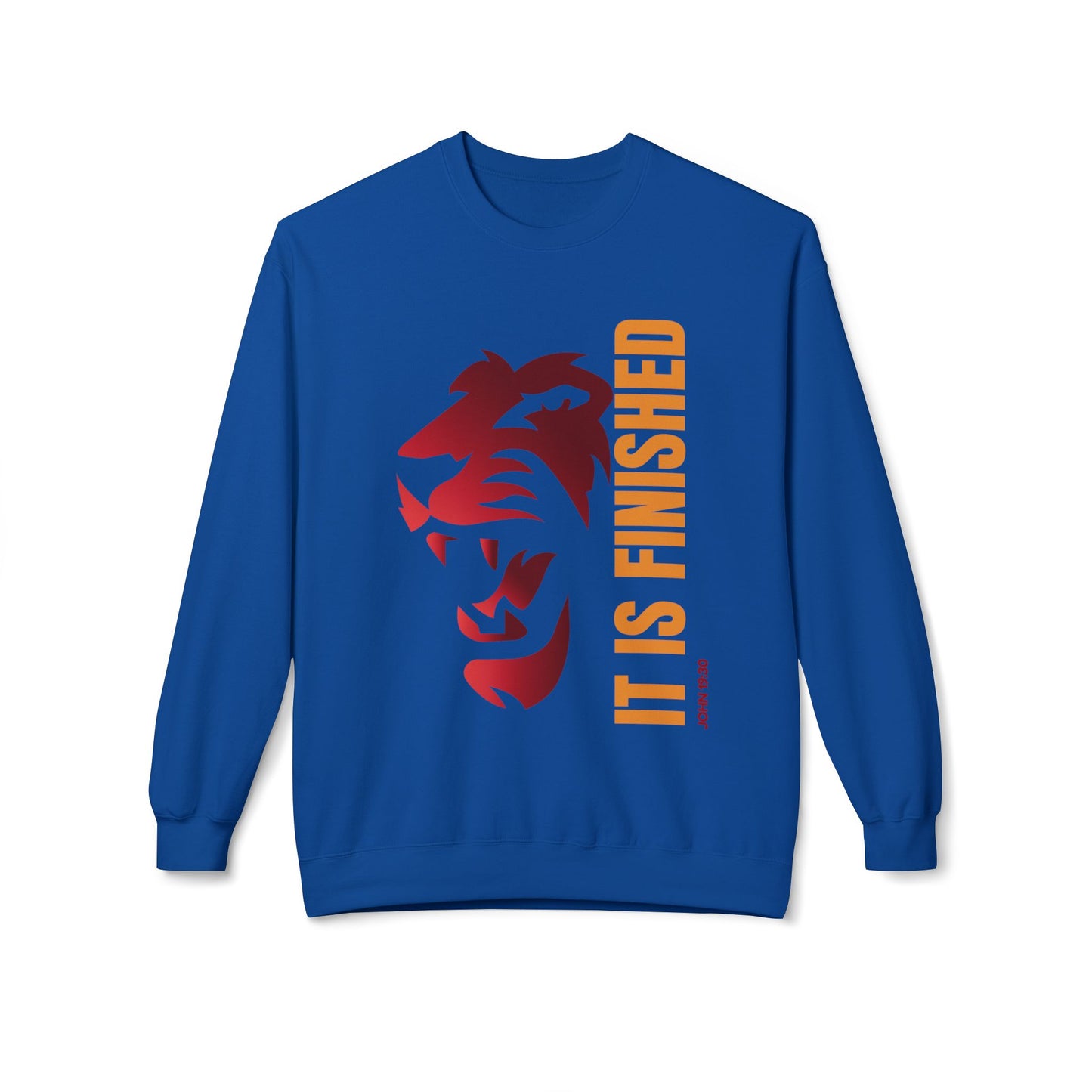 Tiger Face Crewneck Sweatshirt — Bold 'It Is Finished' Vertical Text
