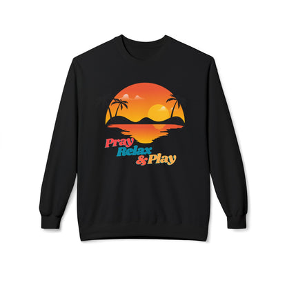 Pray Relax & Play Crewneck Sweatshirt — Retro Tropical Sunset