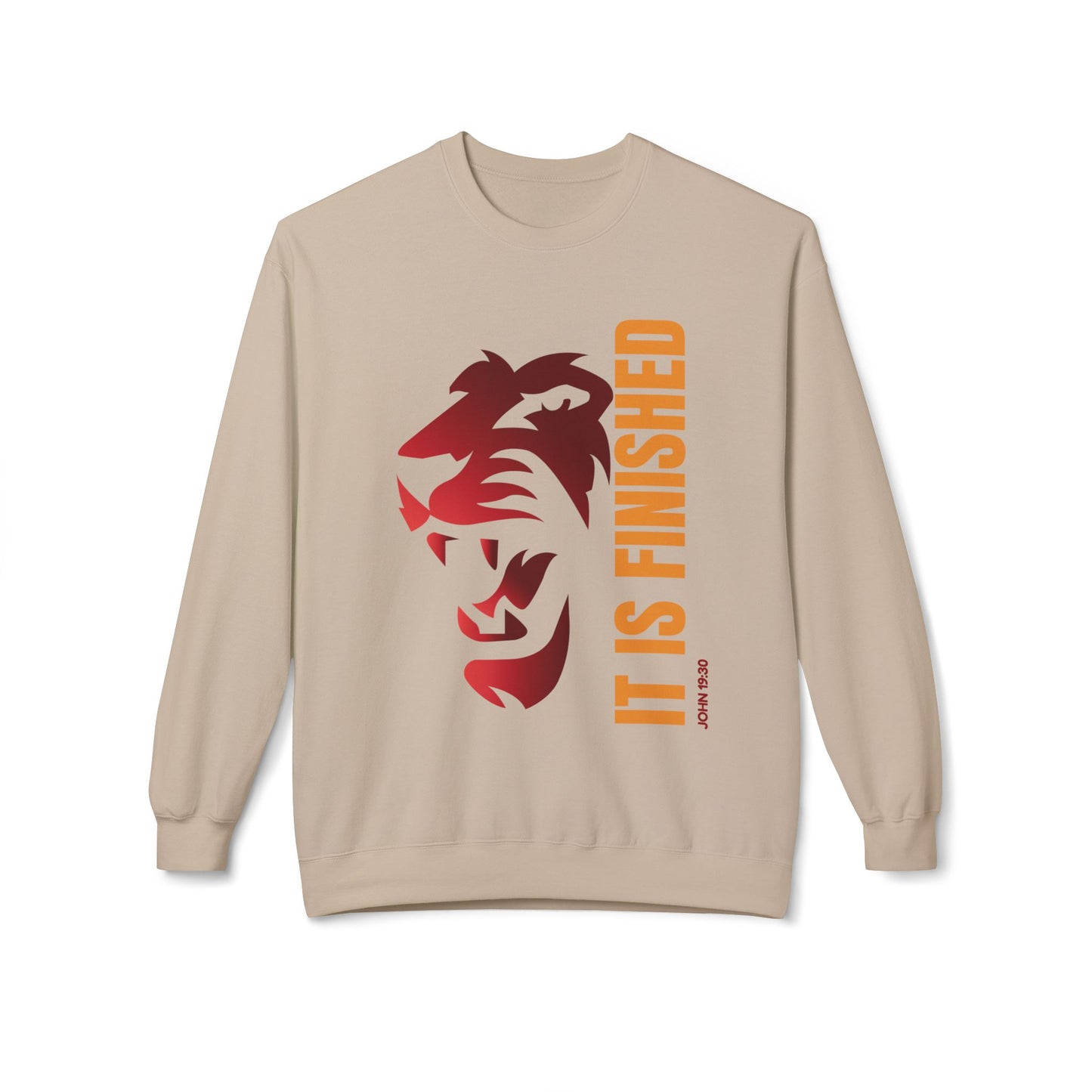 Tiger Face Crewneck Sweatshirt — Bold 'It Is Finished' Vertical Text