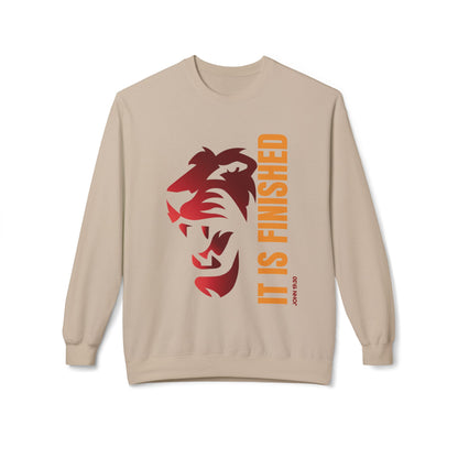 Tiger Face Crewneck Sweatshirt — Bold 'It Is Finished' Vertical Text