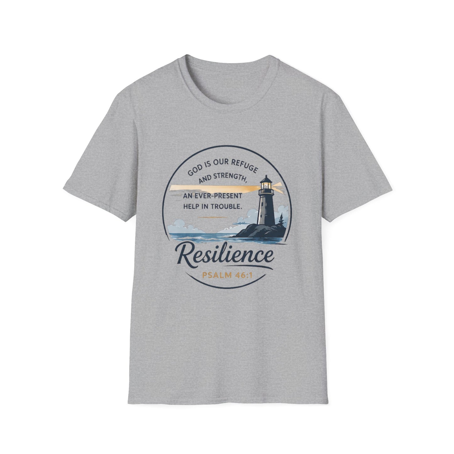 Resilience Lighthouse T-Shirt — Psalm 46:1 Inspirational Christian Tee