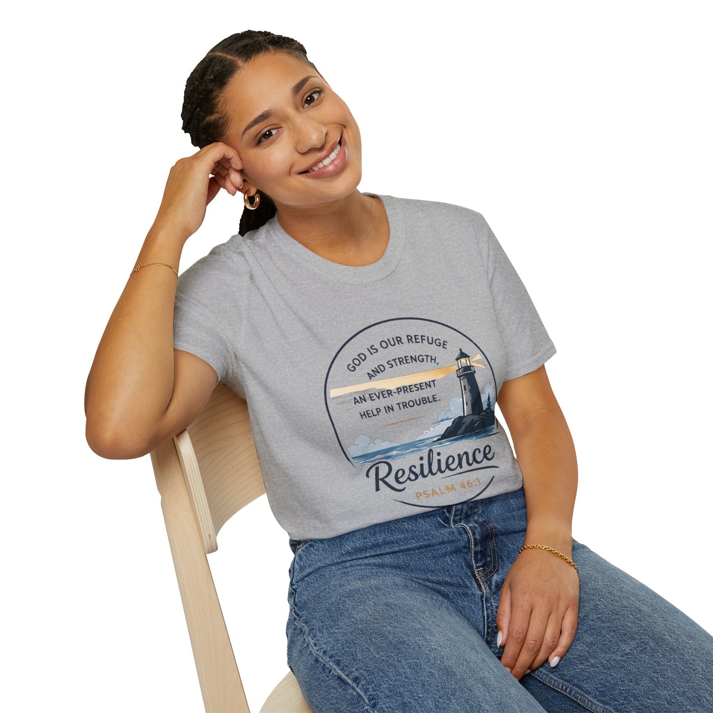 Resilience Lighthouse T-Shirt — Psalm 46:1 Inspirational Christian Tee