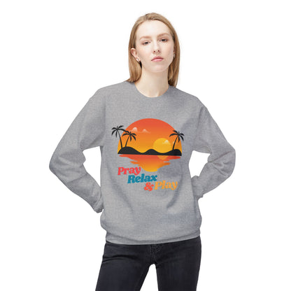 Pray Relax & Play Crewneck Sweatshirt — Retro Tropical Sunset