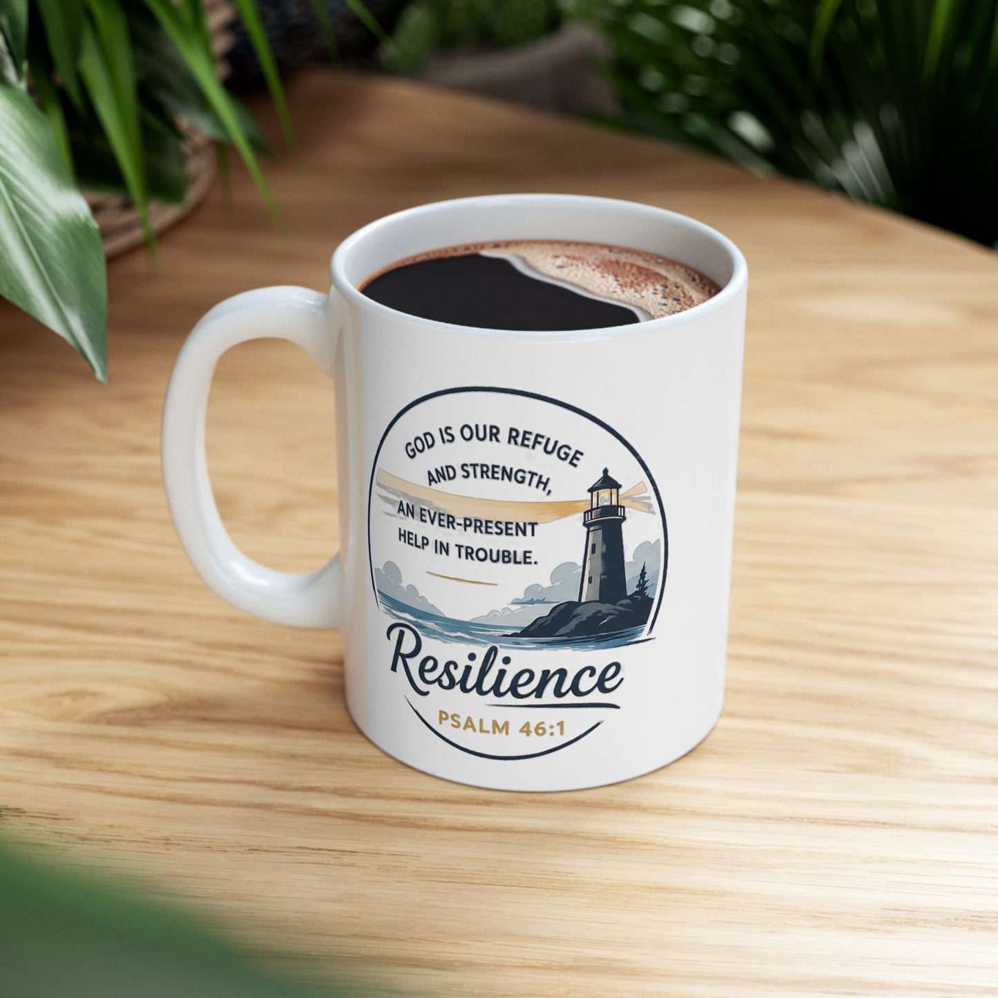 Resilience Lighthouse Ceramic Mug (11oz/15oz) — Inspirational Coastal Coffee Cup