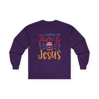 Long Sleeve Tee — "I Survive on Jam & Jesus" Christian Jam Lover Shirt