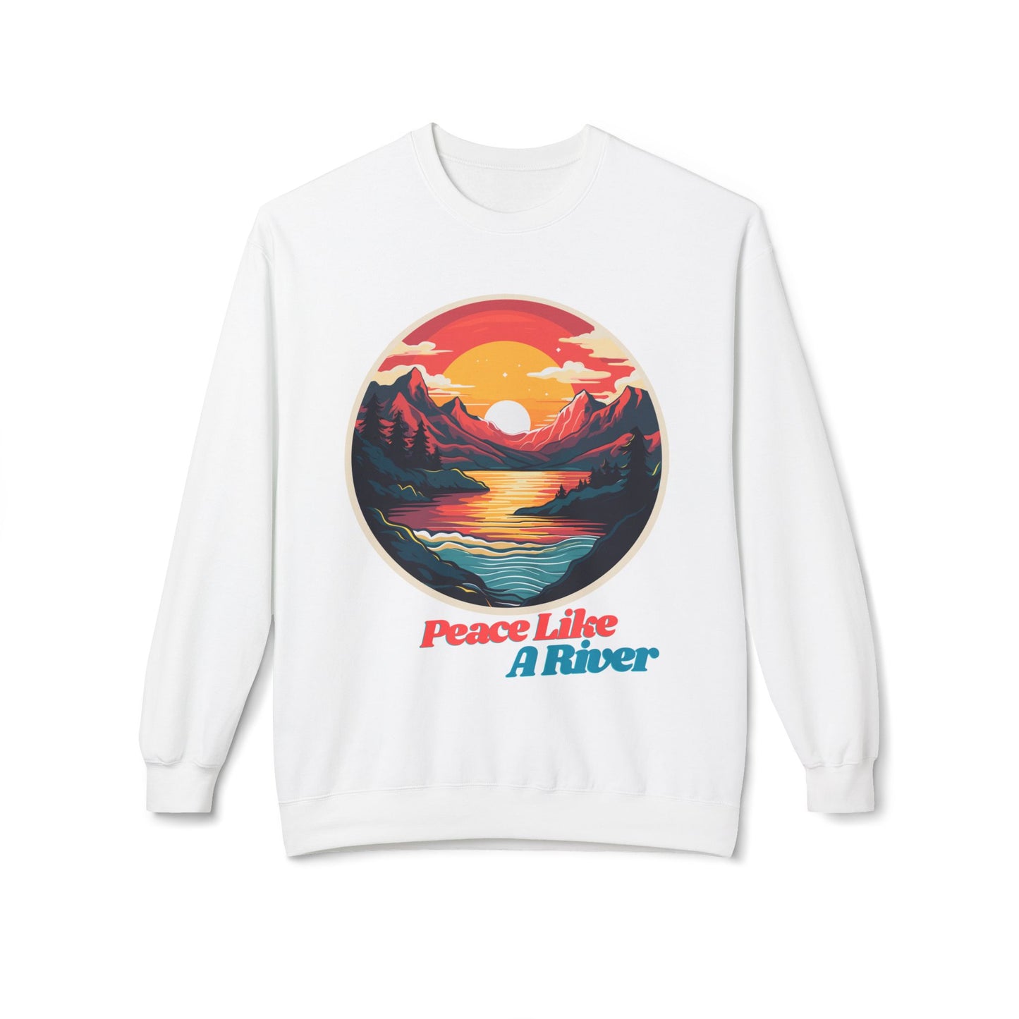 Peace Like a River Crewneck Sweatshirt — Sunset Mountain River Graphic