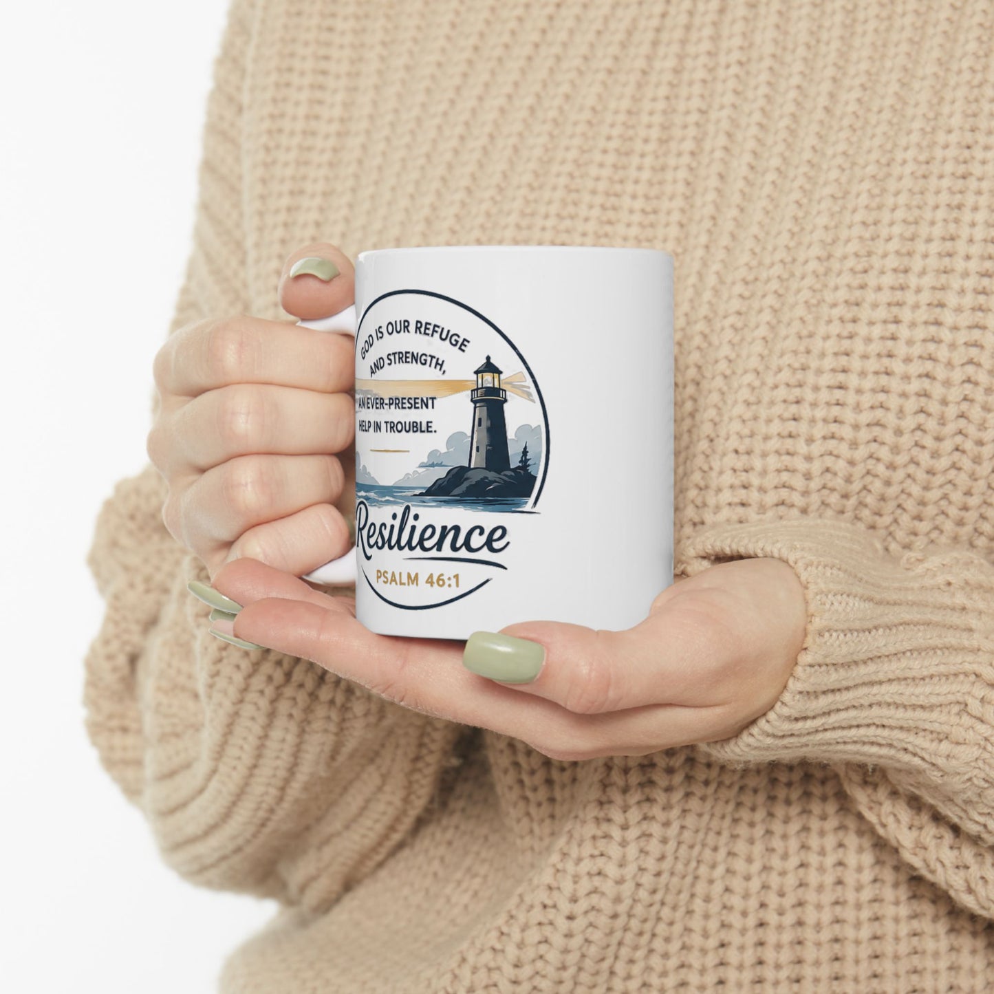 Resilience Lighthouse Ceramic Mug (11oz/15oz) — Inspirational Coastal Coffee Cup