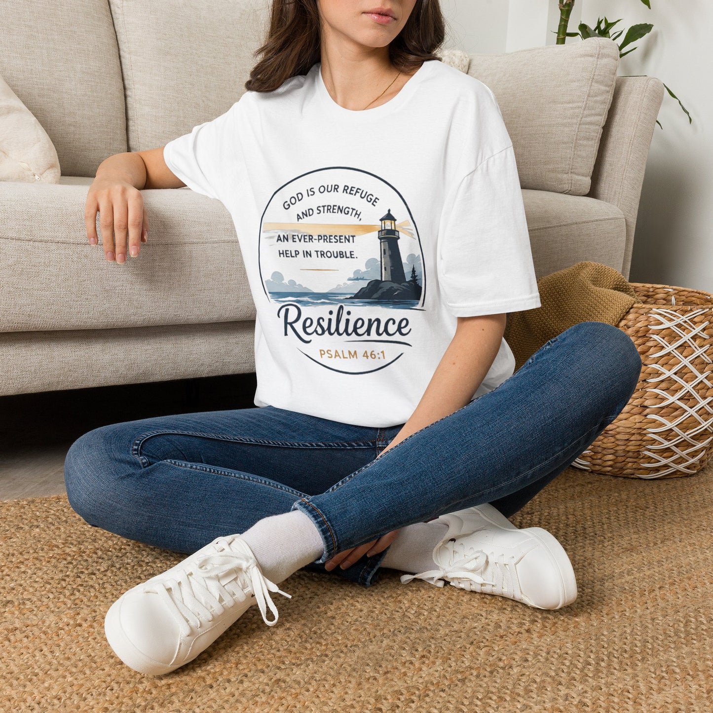 Resilience Lighthouse T-Shirt — Psalm 46:1 Inspirational Christian Tee