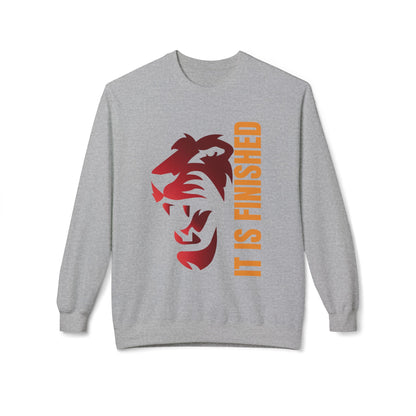 Tiger Face Crewneck Sweatshirt — Bold 'It Is Finished' Vertical Text