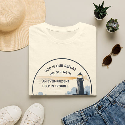 Resilience Lighthouse T-Shirt — Psalm 46:1 Inspirational Christian Tee