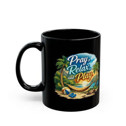 Pray Relax and Play Mug — Tropical Beach Christian Coffee Cup (11oz/15oz)