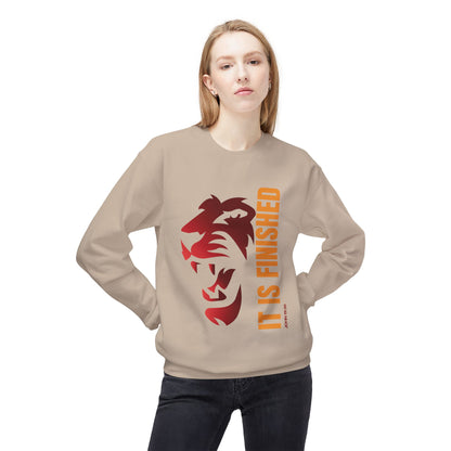 Tiger Face Crewneck Sweatshirt — Bold 'It Is Finished' Vertical Text