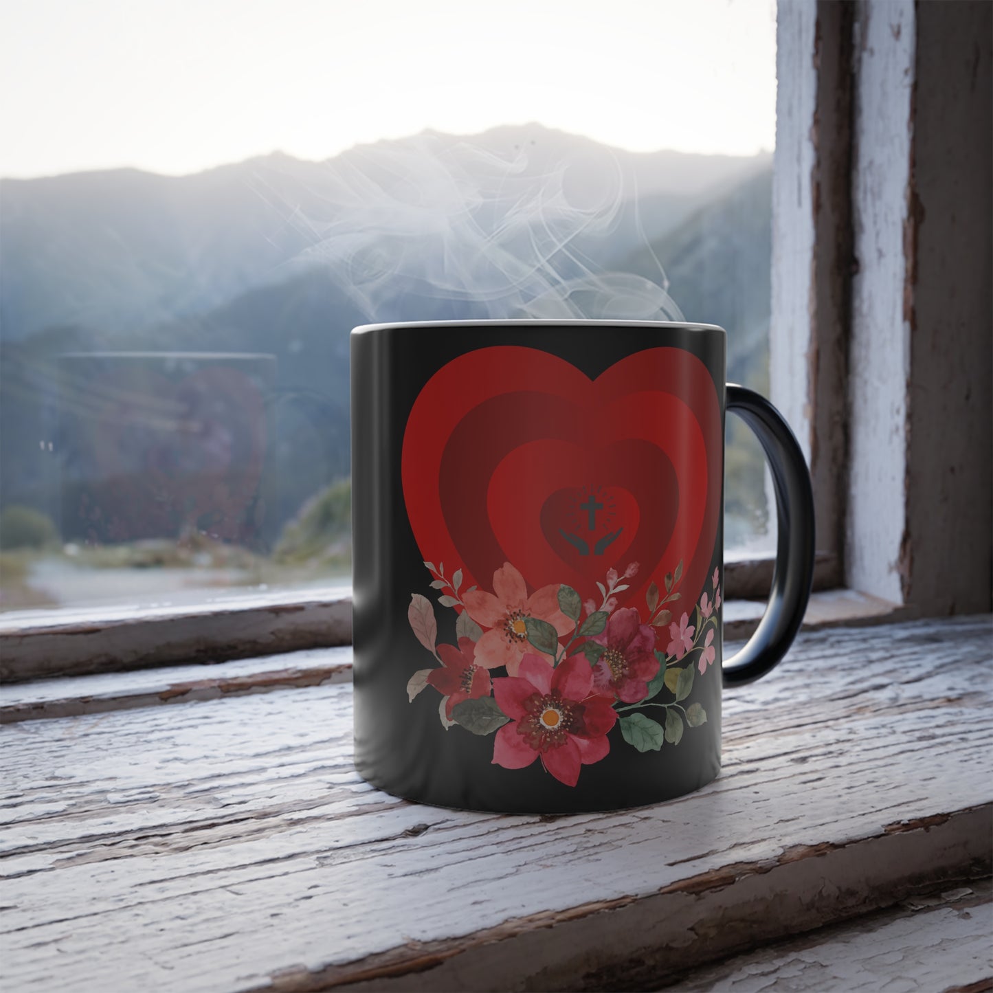 Color-Changing 11oz Mug — Red Heart & Floral Reveal