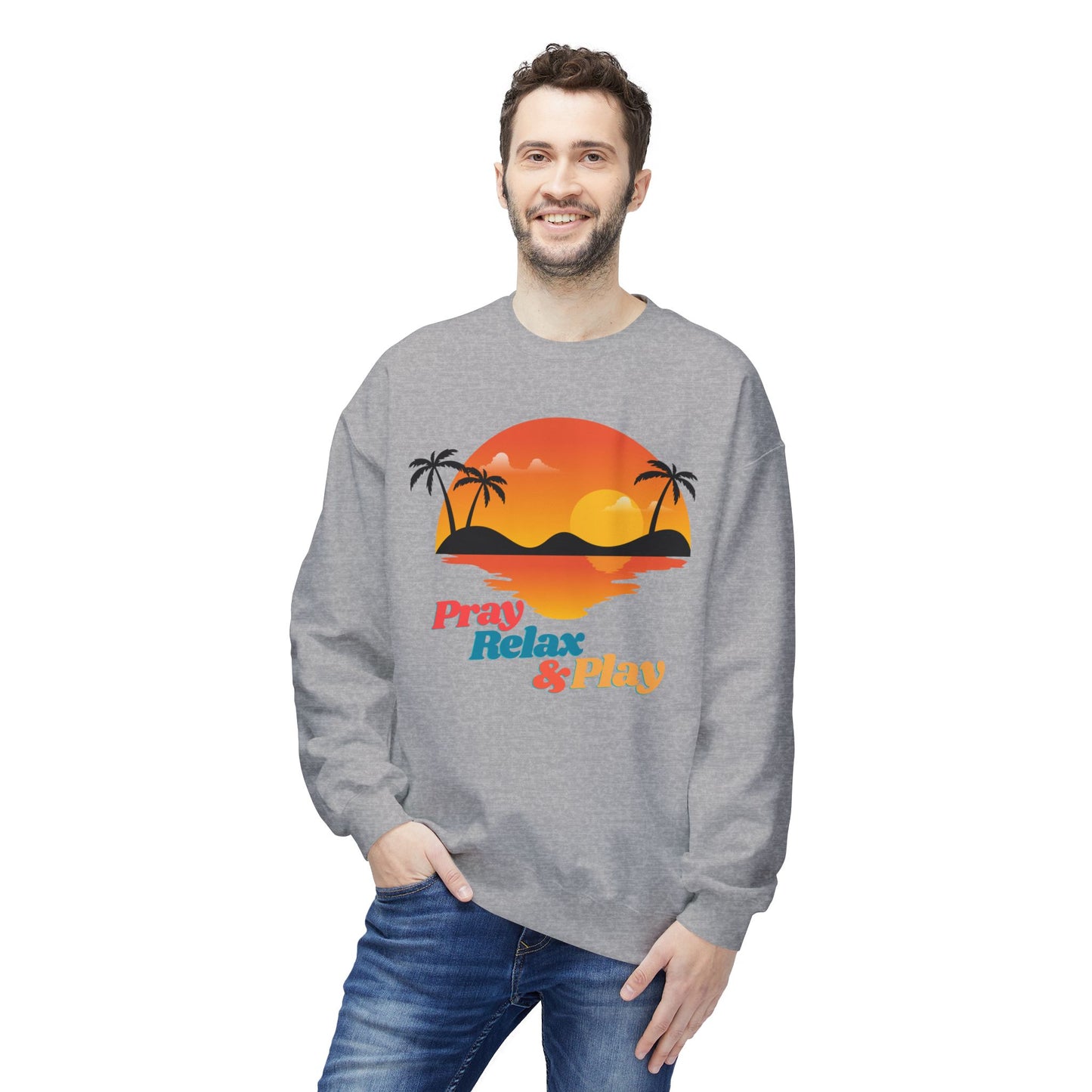 Pray Relax & Play Crewneck Sweatshirt — Retro Tropical Sunset
