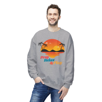 Pray Relax & Play Crewneck Sweatshirt — Retro Tropical Sunset