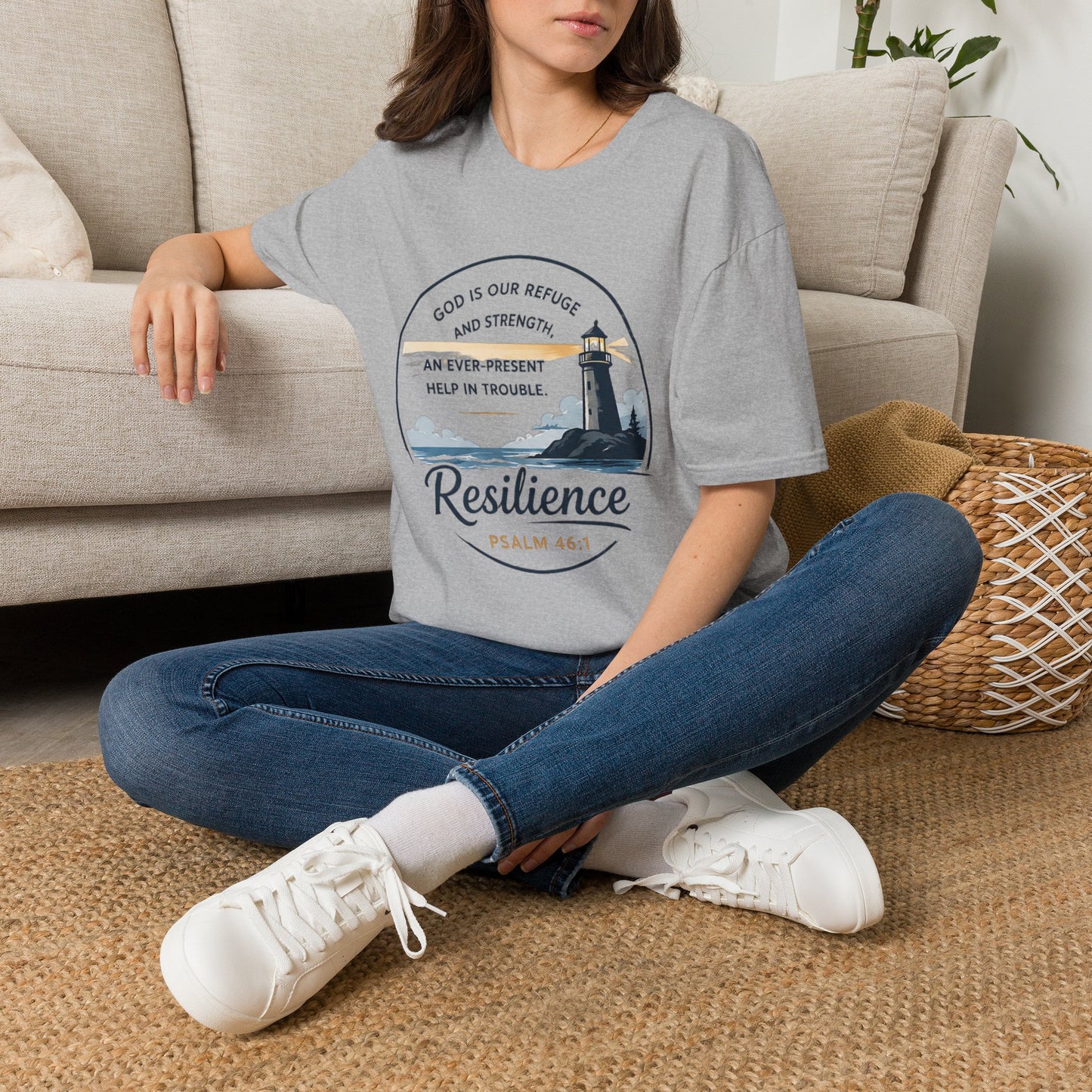Resilience Lighthouse T-Shirt — Psalm 46:1 Inspirational Christian Tee